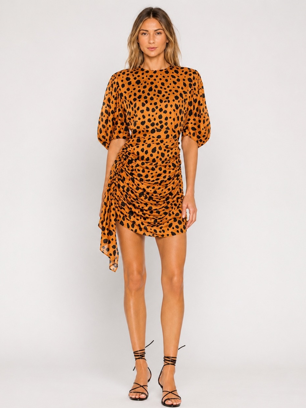 RHODE Pia Cheetah Print Ruched Asymmetrical Mini Dress Size XS